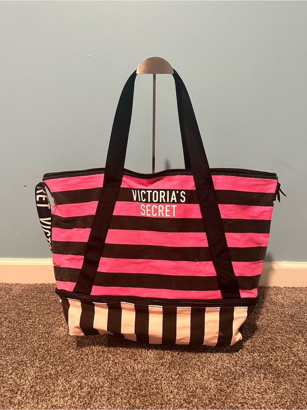 Victoria's Secret Pink and Black Striped Canvas Weekender Tote
